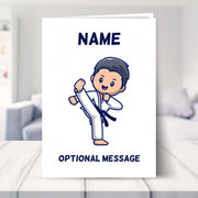 karate kid birthday card shown in a living room