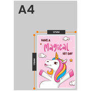 The size of this unicorn first day at school card is 7 x 5" when folded