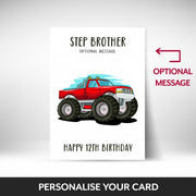 What can be personalised on this 12th birthday card Step Brother