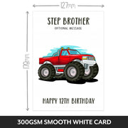 The size of this monster truck birthday card is 7 x 5" when folded