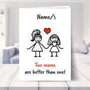 mothers day card for 2 mums shown in a living room
