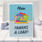 humorous mothers day card shown in a living room