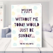 cheeky mothers day card shown in a living room
