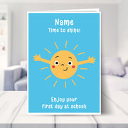 first day at school card shown in a living room