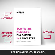 What can be personalised on this big sister birthday cards