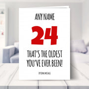 funny 24th birthday card shown in a living room