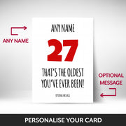 What can be personalised on this 27th birthday card for him