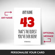 What can be personalised on this 43rd birthday card for him