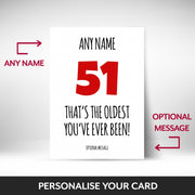 What can be personalised on this 51st birthday card for him