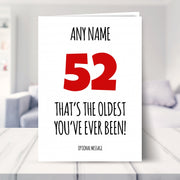 funny 52nd birthday card shown in a living room