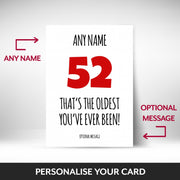 What can be personalised on this 52nd birthday card for him