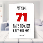 funny 71st birthday card shown in a living room