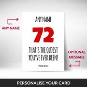 What can be personalised on this 72nd birthday card for him