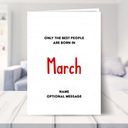 march birthday card shown in a living room