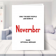 november birthday card shown in a living room