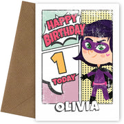 Superhero 1st Birthday Card for Girls (comic)