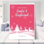 Auntie & Boyfriend christmas card shown in a living room