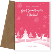 Pink Christmas Card for Great Granddaughter & Husband - Special Winter Scene Card