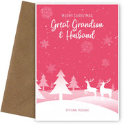 Pink Christmas Card for Great Grandson & Husband - Special Winter Scene Card