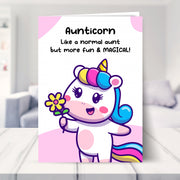 aunticorn card shown in a living room