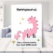 nannysaurus card shown in a living room