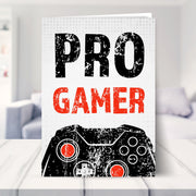 gamer birthday card shown in a living room