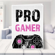 gamer birthday card for girls shown in a living room