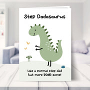 step dadasaurus card shown in a living room