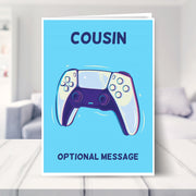 Cousin birthday card shown in a living room
