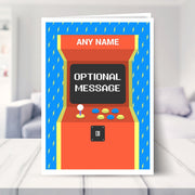 gamer birthday card shown in a living room