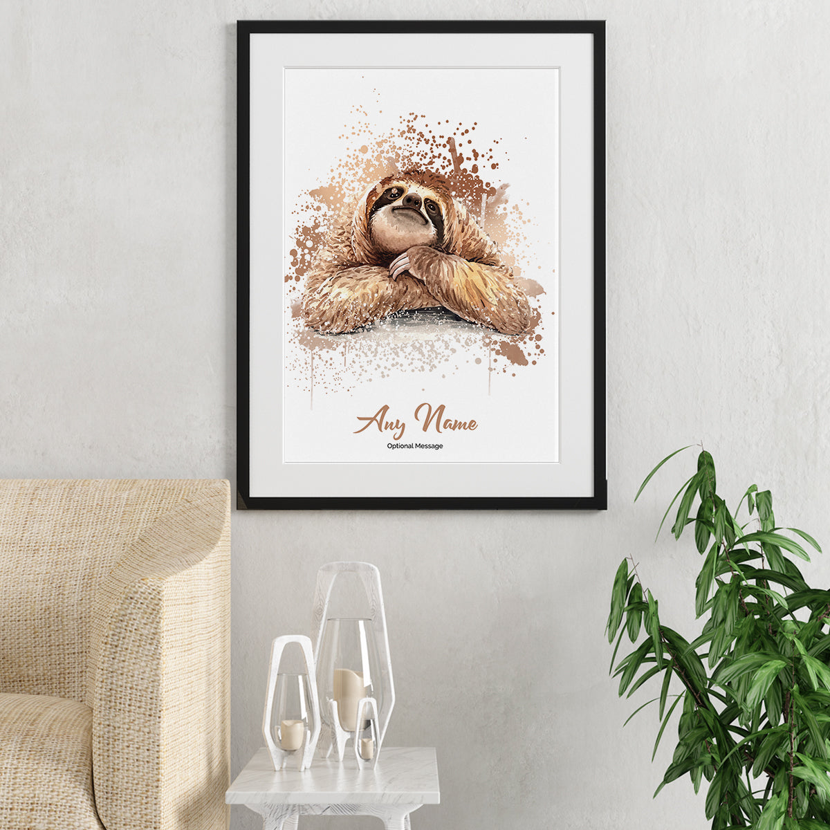 Sloth birthday gift shown in a living room