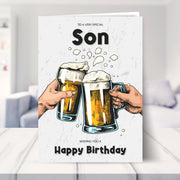 son birthday card shown in a living room