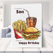 son birthday card shown in a living room