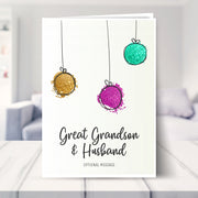 Great Grandson & Husband christmas card shown in a living room