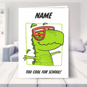 first day at school card for boys shown in a living room