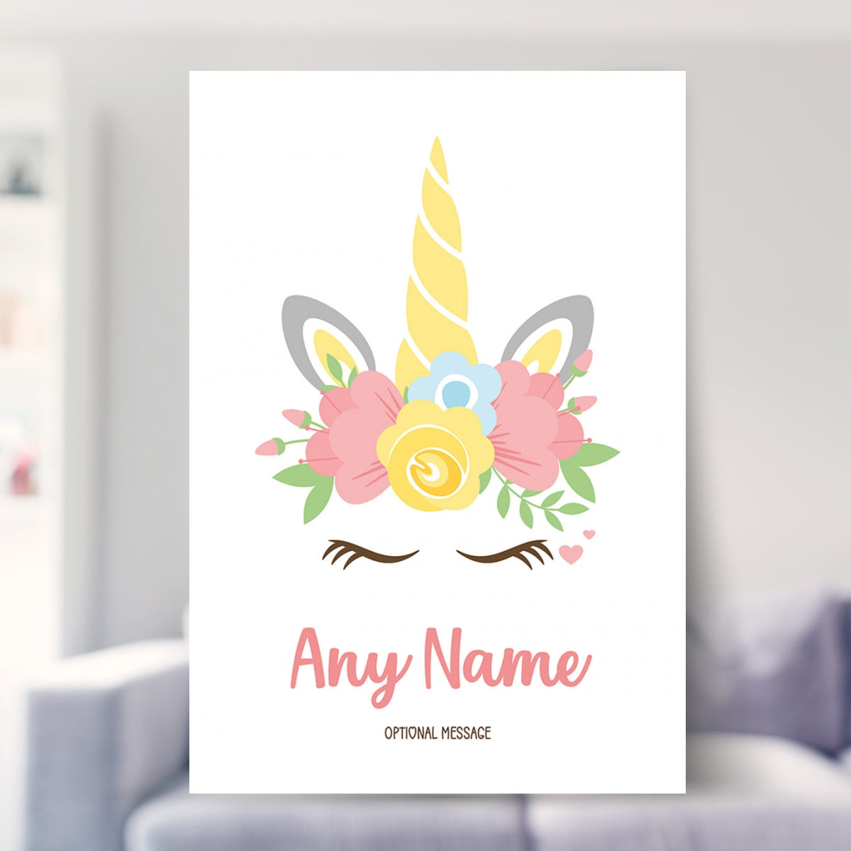 unicorn print shown in a living room