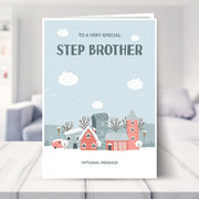 step brother christmas card shown in a living room