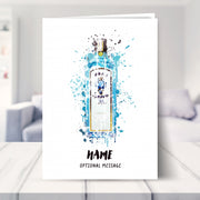 blue gin bottle birthday card shown in a living room