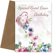 Traditional Great Gran Birthday Card for Her - Special Great Grandmother Floral Tea Cup