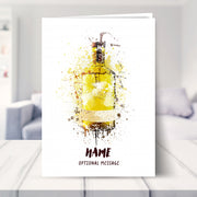 mustard gin bottle birthday card shown in a living room