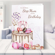 step mum birthday card shown in a living room