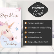 Main features of this unicorn birthday cards Step Mum