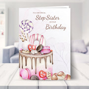step sister birthday card shown in a living room
