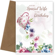 Traditional Wife Birthday Card for Her - Special Wife Floral Tea Cup