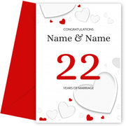 White Hearts 22 Years of Marriage Card for Couples