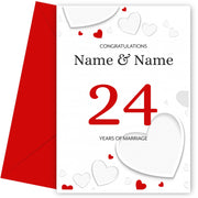 White Hearts 24 Years of Marriage Card for Couples