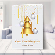 Great Granddaughter christmas card shown in a living room