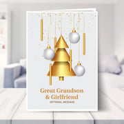 Great Grandson & Girlfriend christmas card shown in a living room