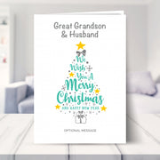 Great Grandson & Husband christmas card shown in a living room
