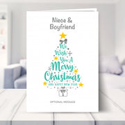 Niece & Boyfriend christmas card shown in a living room